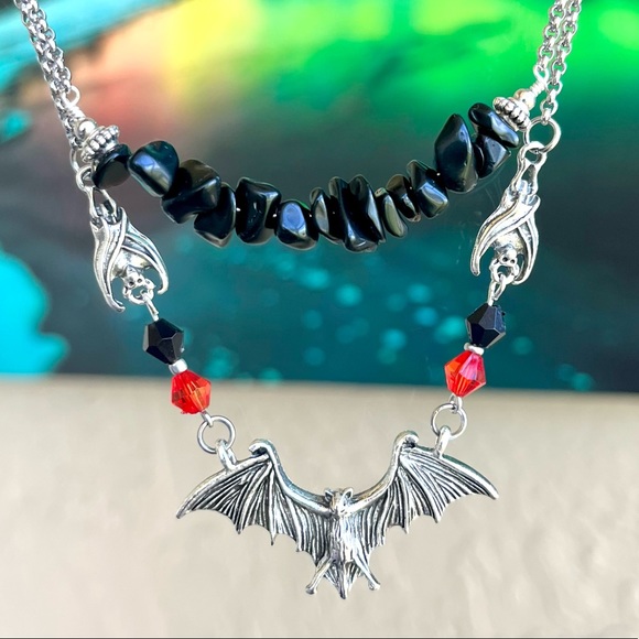 Silver Bat choker necklace . Double layer onyx chips & bats Handmade goth boho - Picture 14 of 16